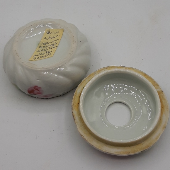 Antique Vintage Hair Receiver Hand Painted Pink Roses Green Leaves Porcelain - Picture 7 of 8